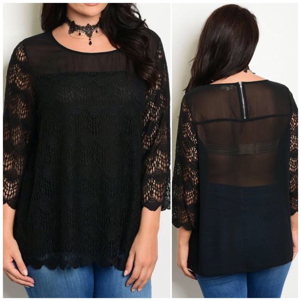 ❗️CLOSING SALE❗️ PLUS: Black Sheer Lace Blouse Top - Picture 3 of 3